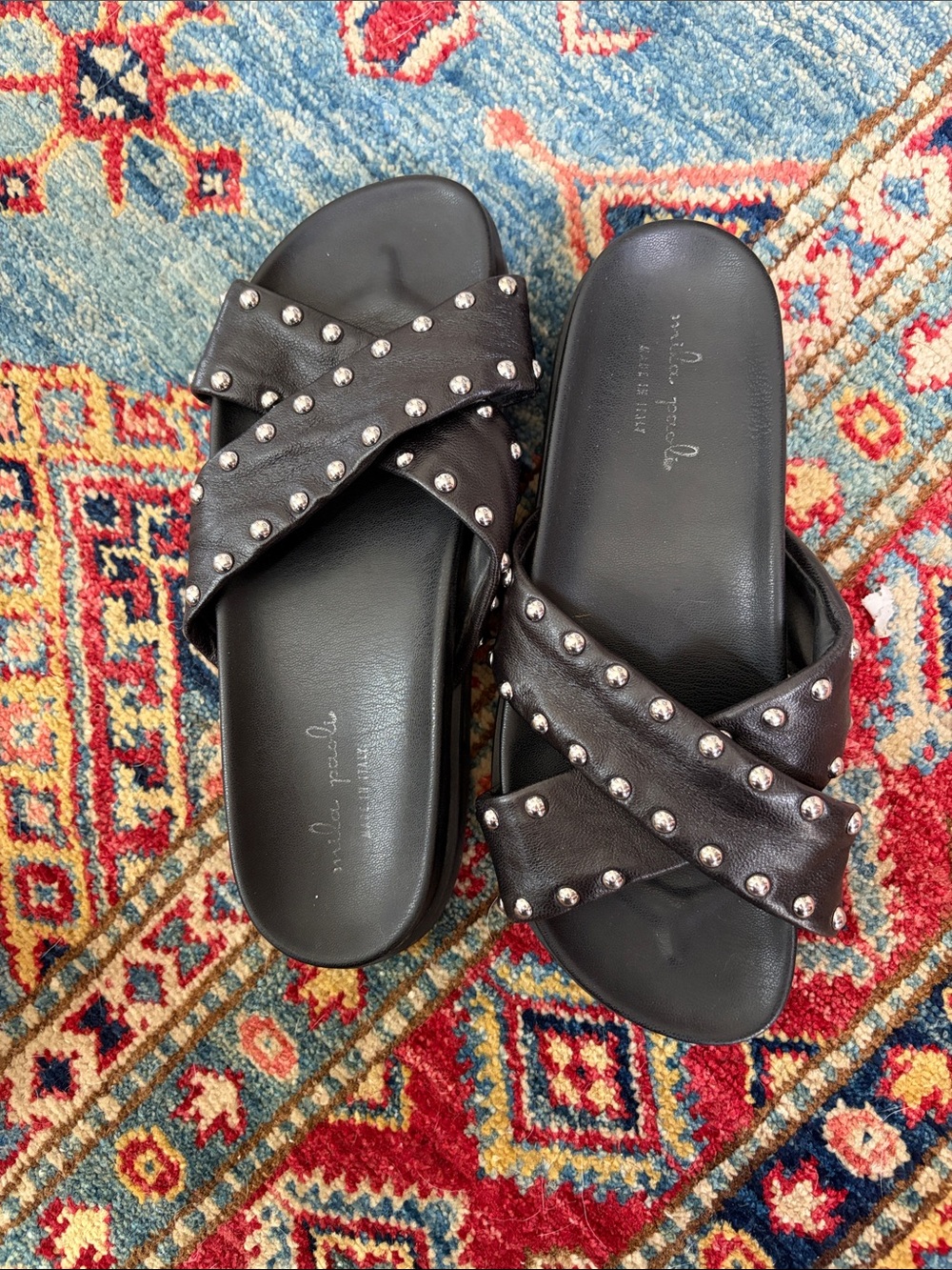 Mila Paoli Black Studded Leather Slide Sandals